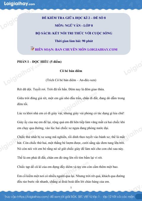 Đề thi giữa kì 2 Văn 8 Kết nối tri thức - Đề số 8